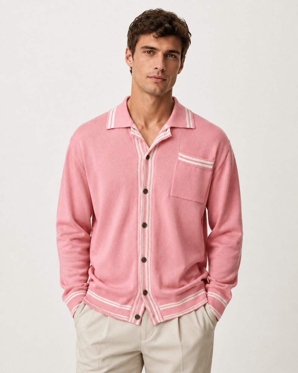 OXKNIT Pink Retro Knit Cardigan Men’s XL 46" Chest 100% Cotton